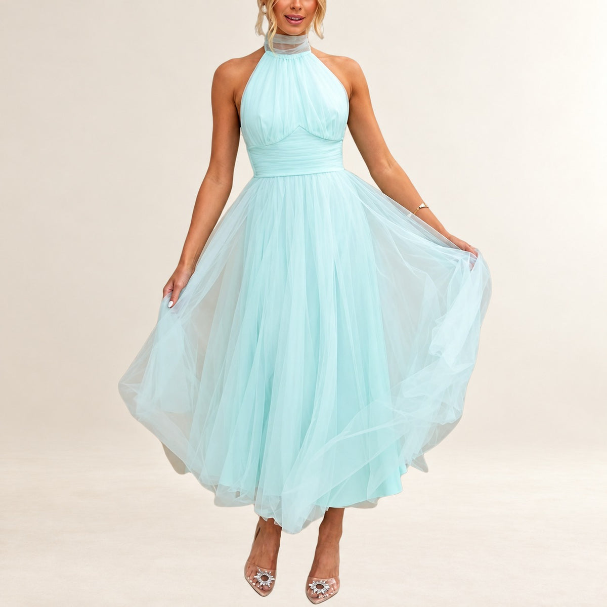 Damen Halterkleid knöchellang mit verstellbarem Halterneck, gerafftem Oberteil und ruchiertem Taillenbund, unsichtbarer Rückenreißverschluss