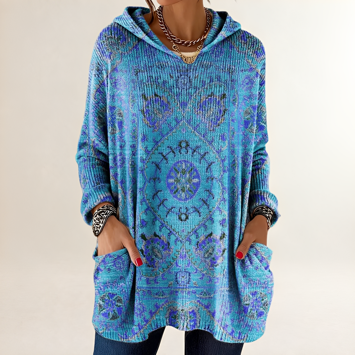 Damen Hoodie Tunic-Langarm Relaxed Fit mit Taschen Retro Ethno-Print