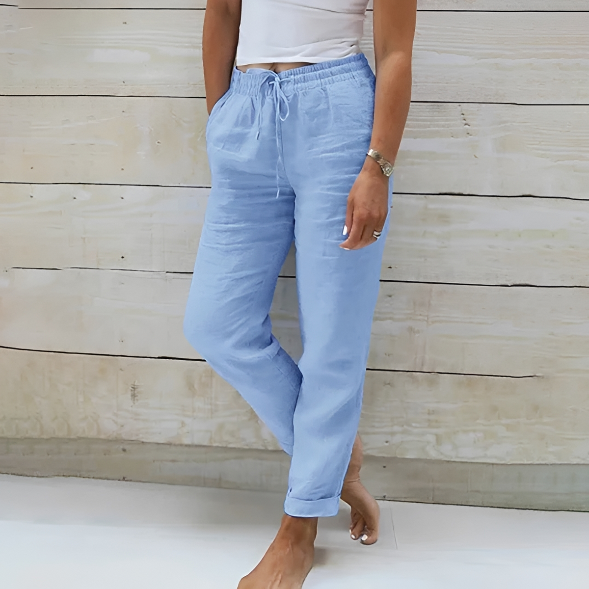 Damen Hose Gerade Beinlinie - elastischer Bund mit Zugband, seitliche Eingrifftaschen, knöchellang
