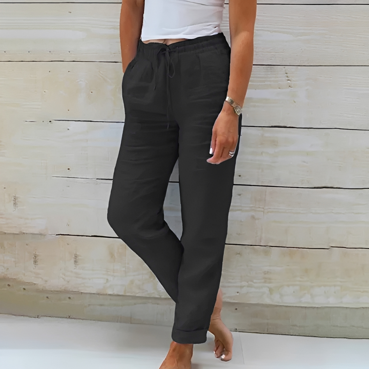 Damen Hose Gerade Beinlinie - elastischer Bund mit Zugband, seitliche Eingrifftaschen, knöchellang