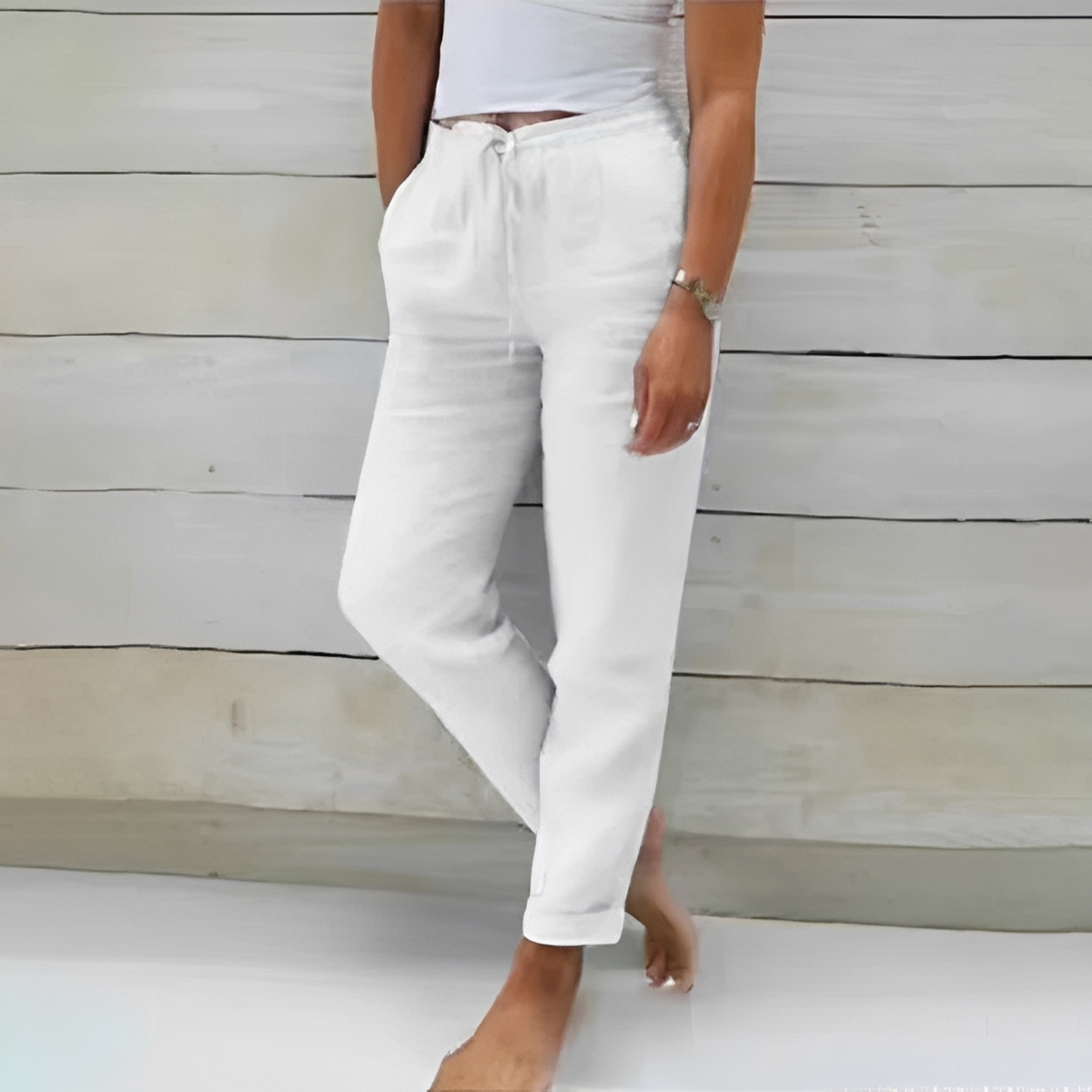 Damen Hose Gerade Beinlinie - elastischer Bund mit Zugband, seitliche Eingrifftaschen, knöchellang