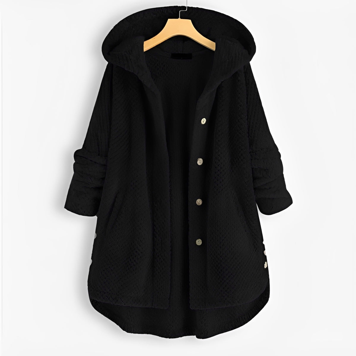 Damen Kapuzenjacke mit Knopfleiste und Seitentaschen - lockere Passform, langärmlig