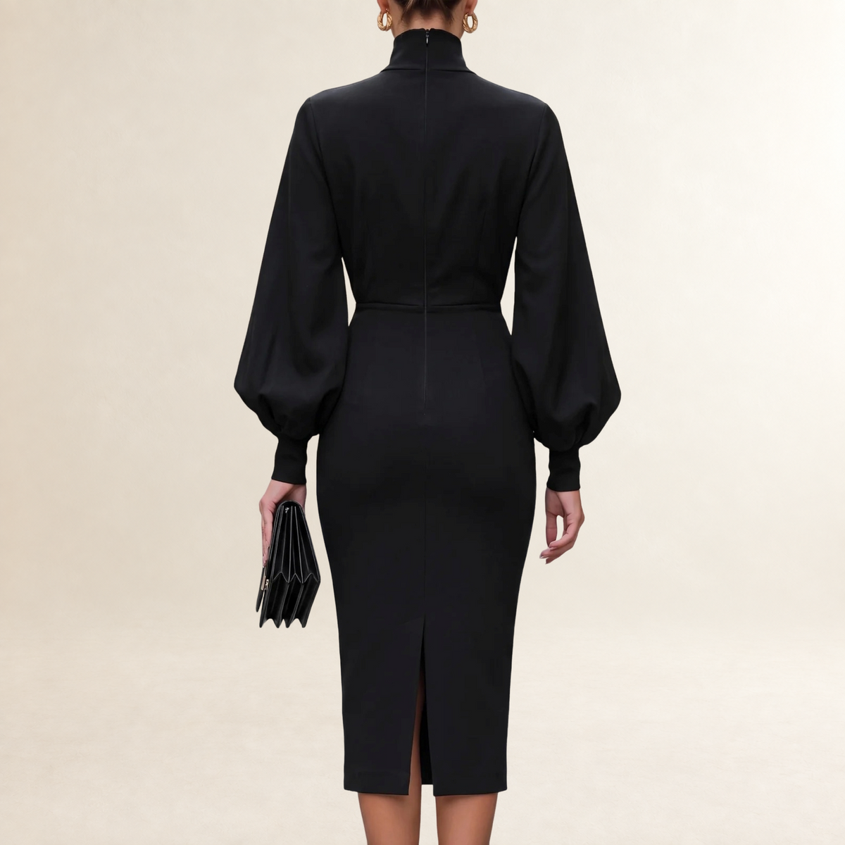 Damen Kleid Langarm Etuikleid mit hohem Kragen und Puffärmeln