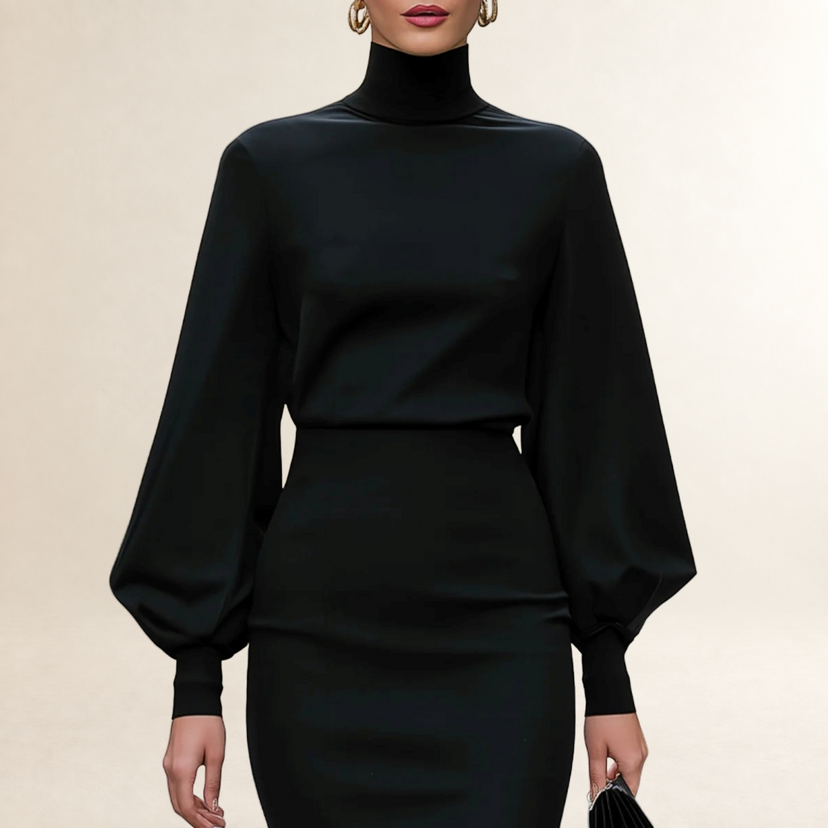 Damen Kleid Langarm Etuikleid mit hohem Kragen und Puffärmeln