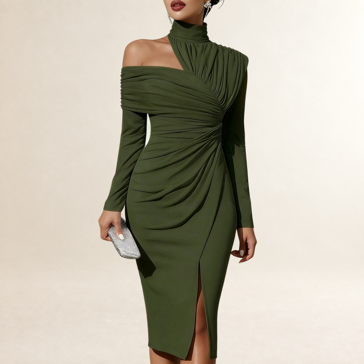 Damen Kleid Langarm Midi Asymmetrisches Ein-Schulter-Design Körperbetonter Schnitt