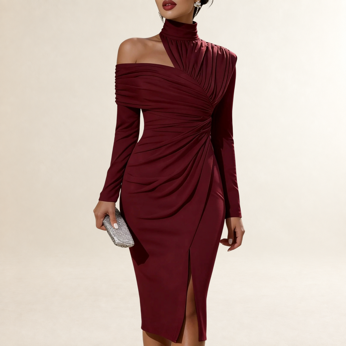 Damen Kleid Langarm Midi Asymmetrisches Ein-Schulter-Design Körperbetonter Schnitt