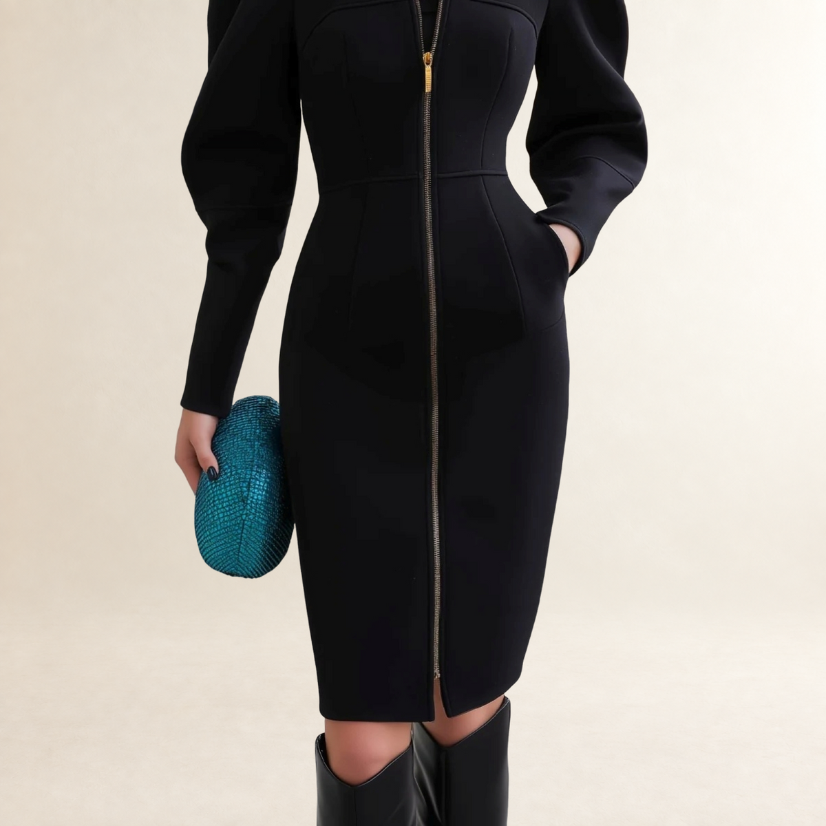 Damen Kleid Langarm Midi mit Puffärmeln und Frontreißverschluss - Taillierter Schnitt