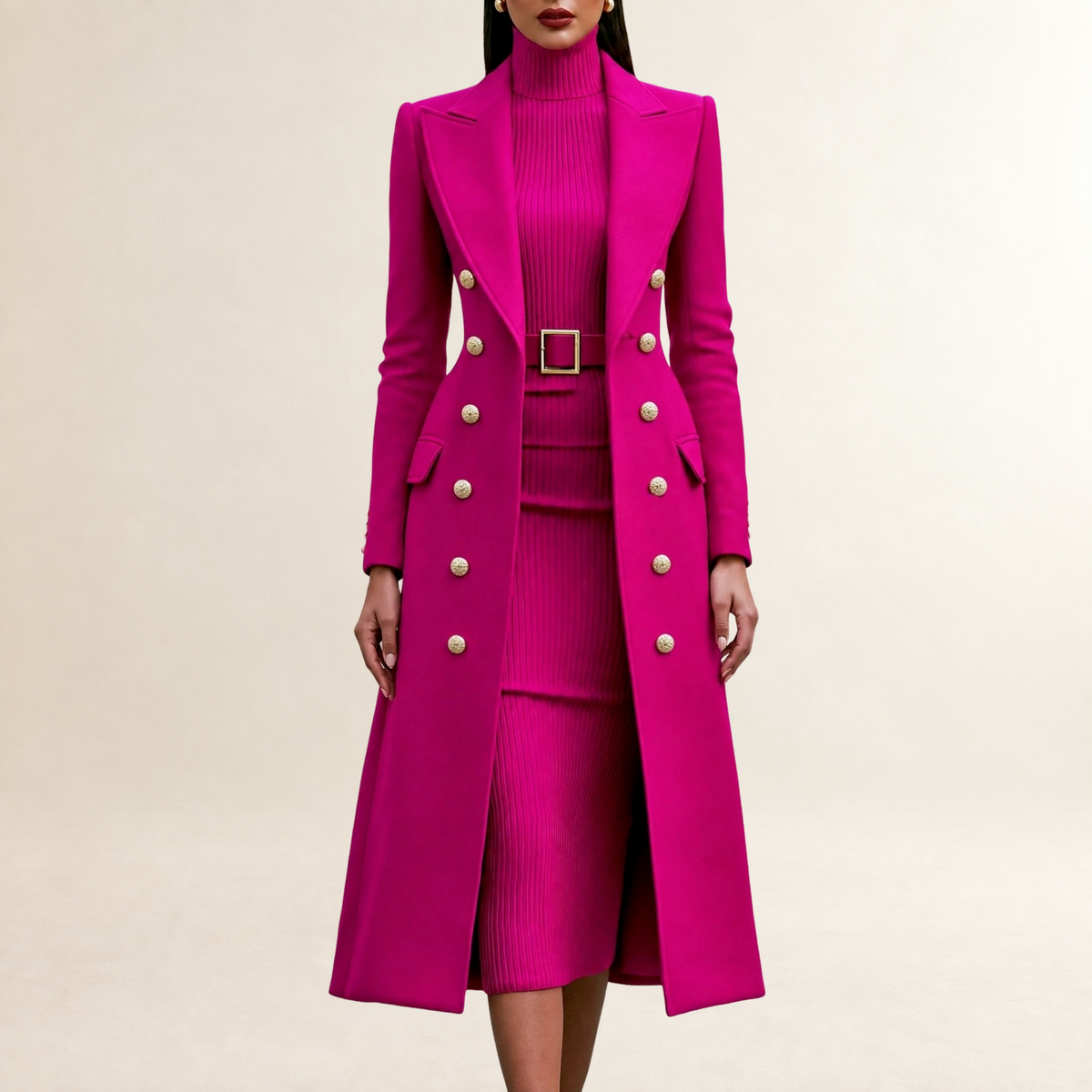 Damen Kleid-Set Maxikleid mit Stehkragen und Taillengürtel, Doppelreihiger Mantel mit Schulterpasse
