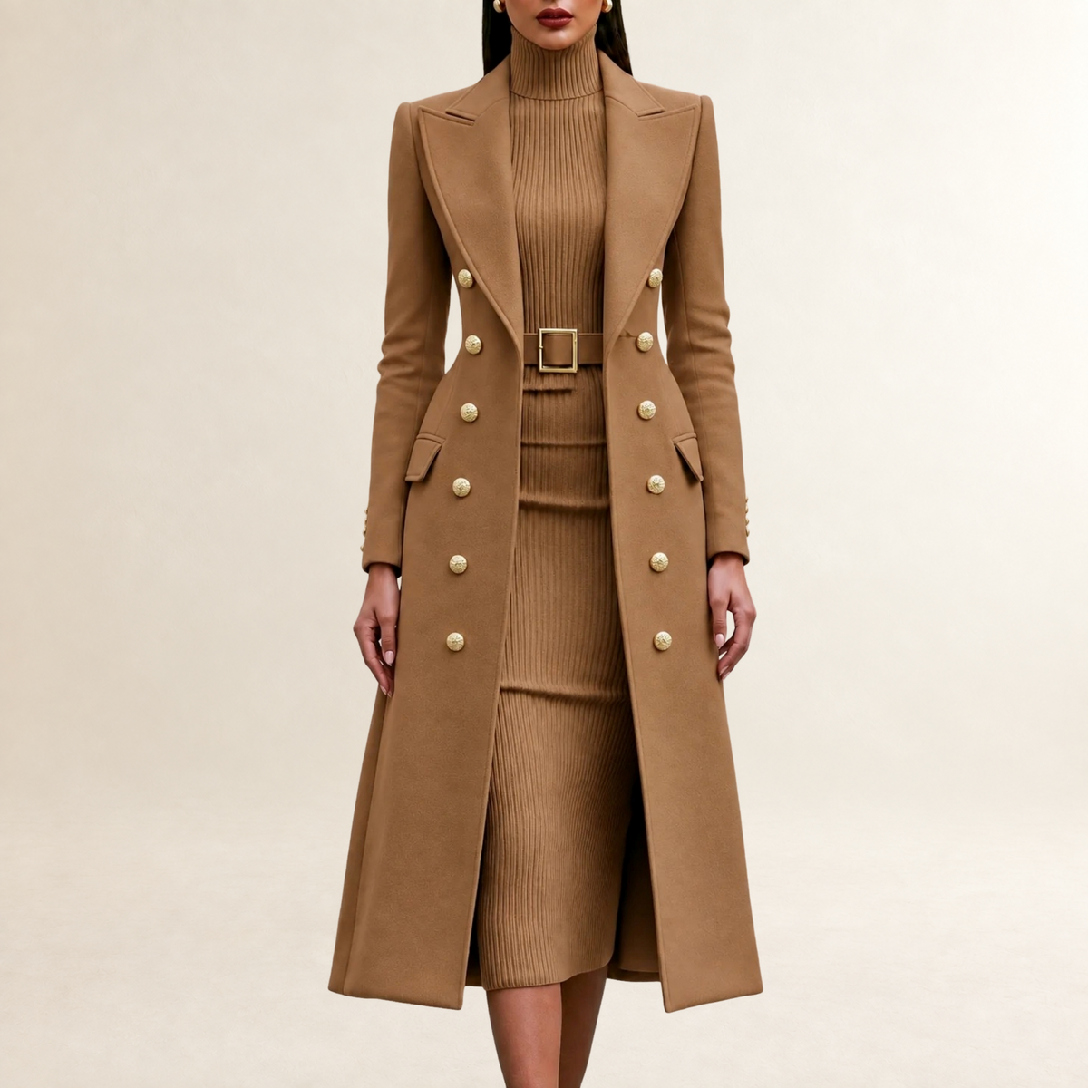 Damen Kleid-Set Maxikleid mit Stehkragen und Taillengürtel, Doppelreihiger Mantel mit Schulterpasse