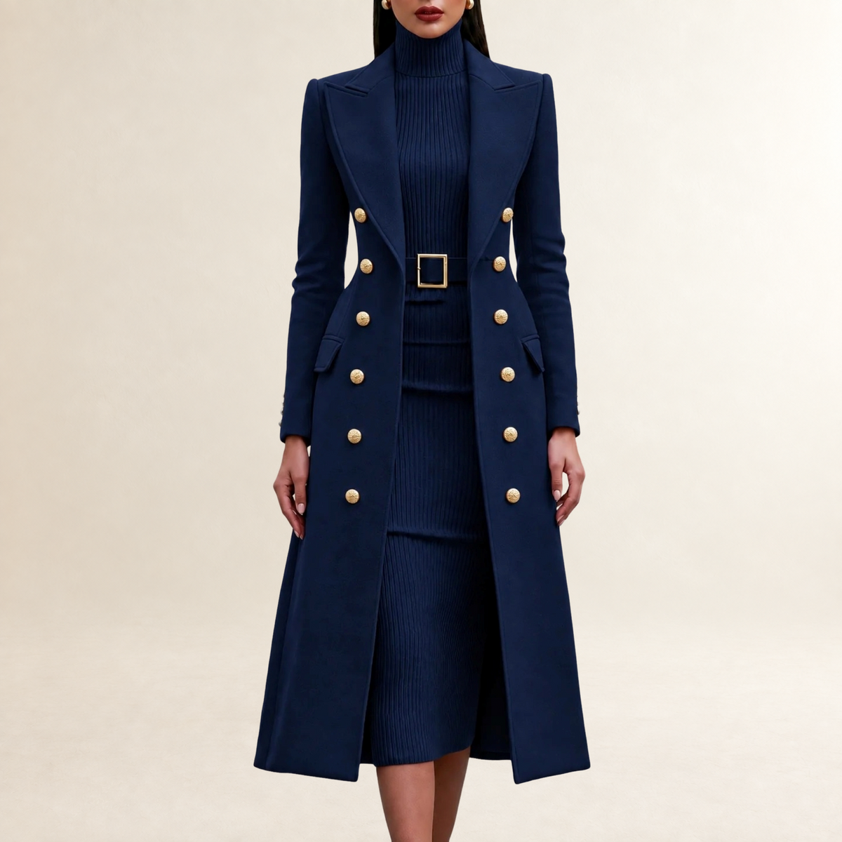 Damen Kleid-Set Maxikleid mit Stehkragen und Taillengürtel, Doppelreihiger Mantel mit Schulterpasse
