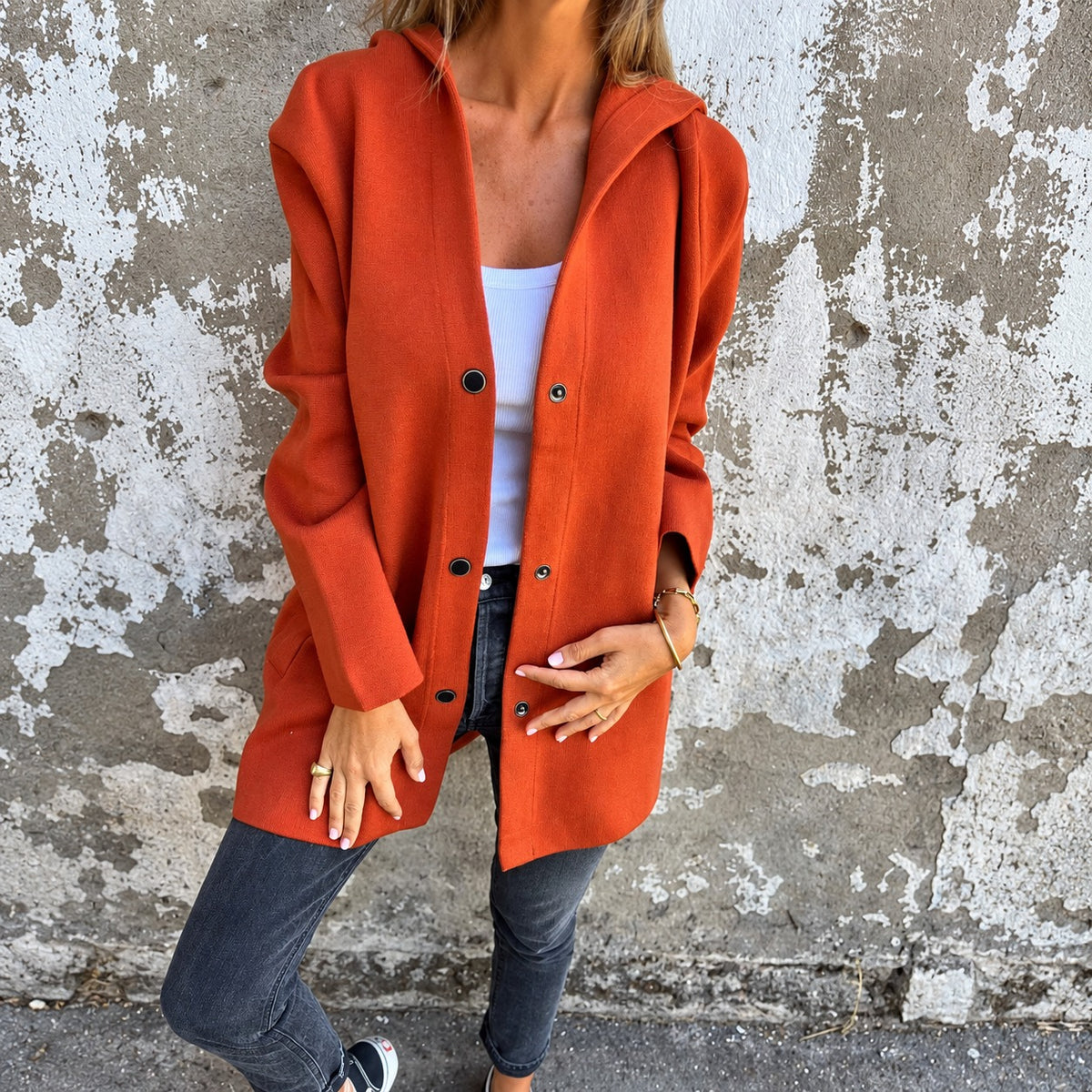 Damen lange Kapuzenjacke - Knopfverschluss, Relaxter Schnitt, Vielseitiges Design