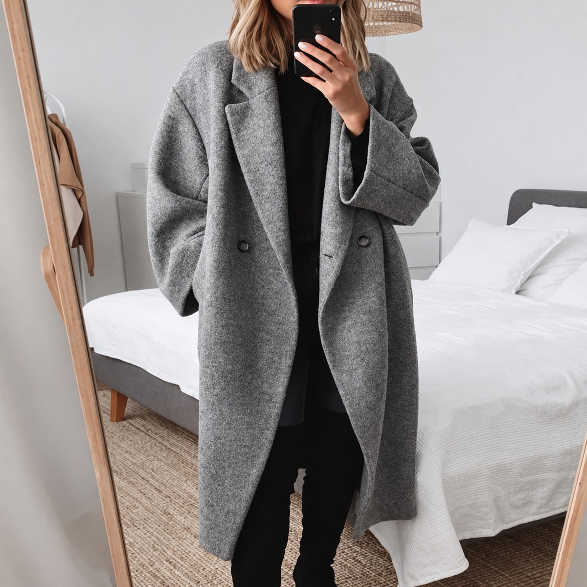 Damen Longmantel Doppelknopf Oversized Schnitt Elegant Design