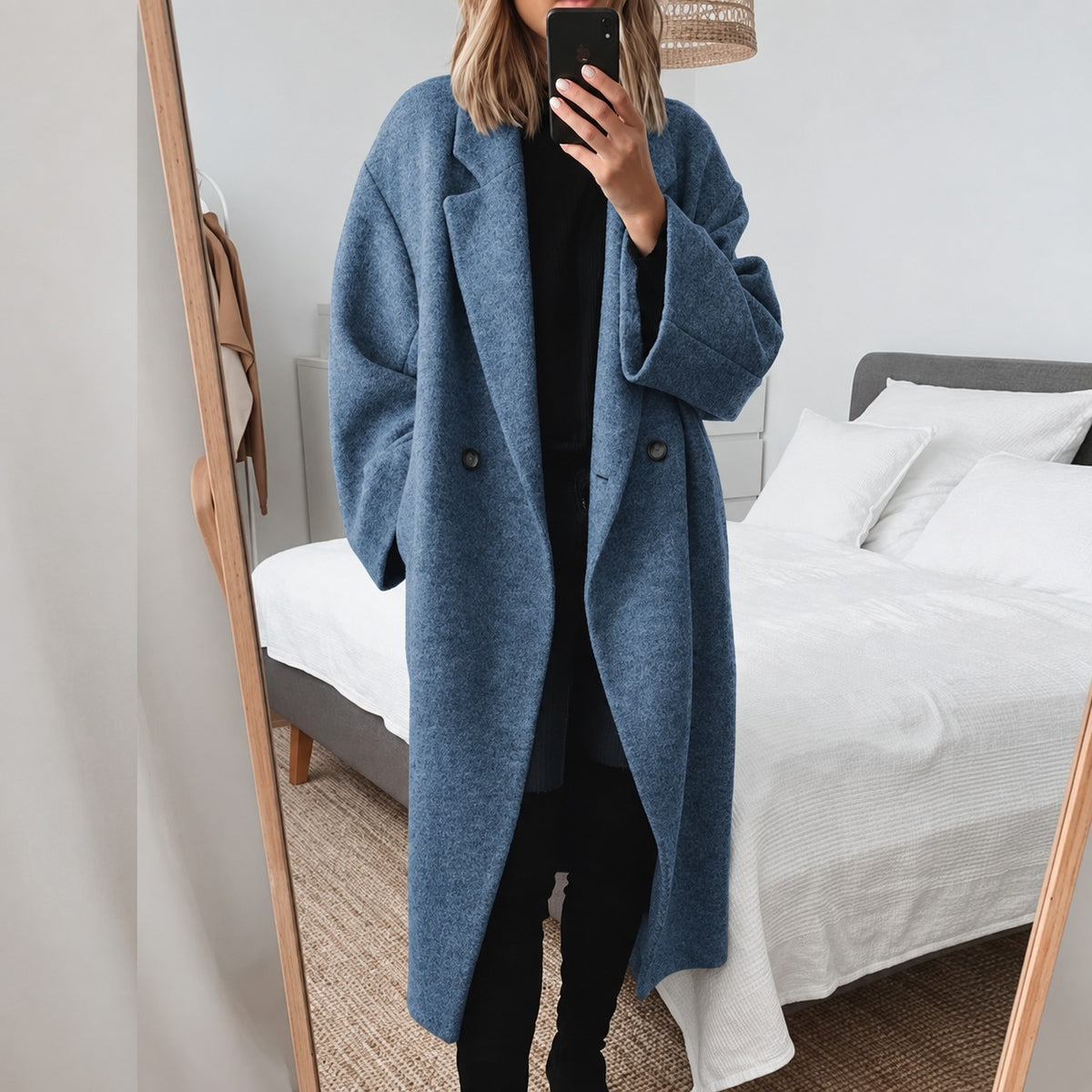 Damen Longmantel Doppelknopf Oversized Schnitt Elegant Design