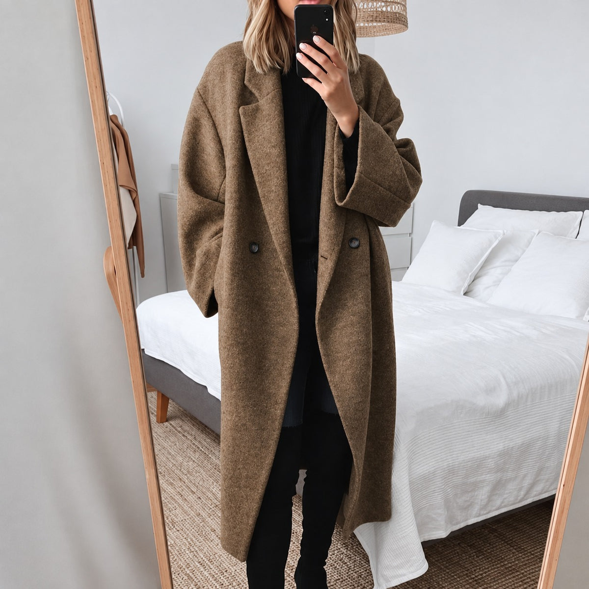 Damen Longmantel Doppelknopf Oversized Schnitt Elegant Design