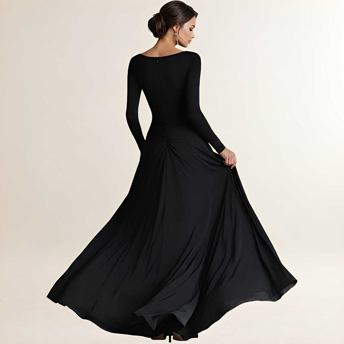 Damen Maxi Kleid Boat-Neck Langarm Drapiert Seiten-taschen Wickeloptik Fitted Bodice