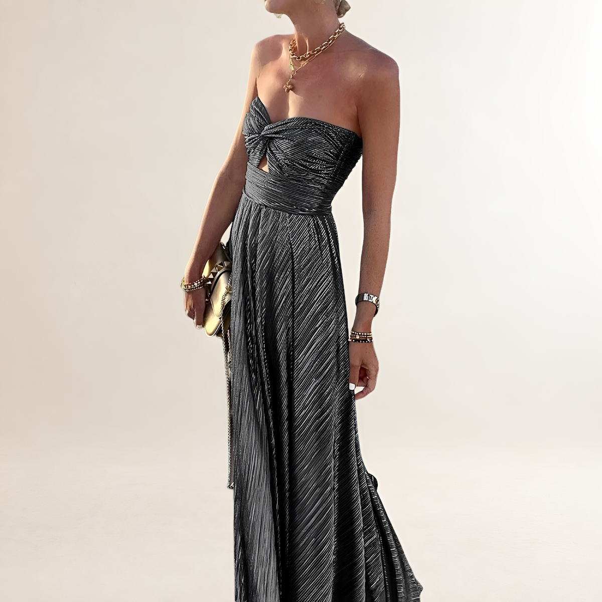 Damen Maxi-Kleid strapless mit Twist-Front Herz-Ausschnitt und Schlüsselloch-Ausschnitt, plissierter A-Linien-Rock