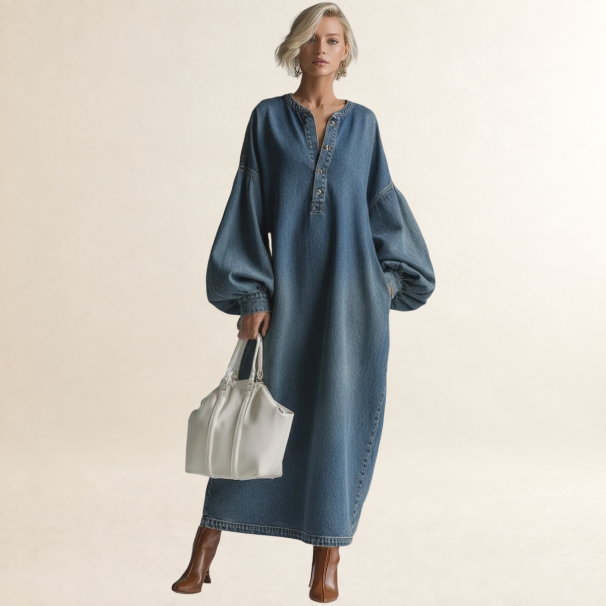 Damen Maxikleid Knopfleiste Ballonärmel Lockerer Schnitt Bodenlang