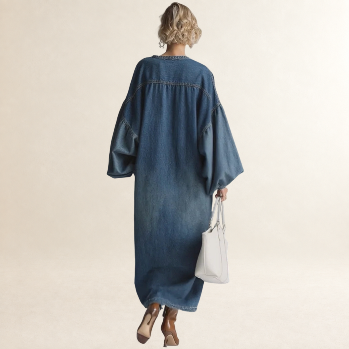 Damen Maxikleid Knopfleiste Ballonärmel Lockerer Schnitt Bodenlang
