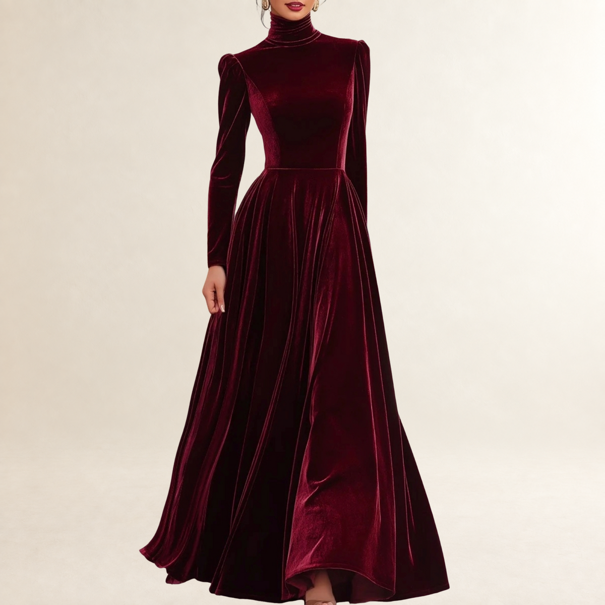 Damen-Maxikleid mit hohem Kragen, eng anliegendem Oberteil und fließendem Rock