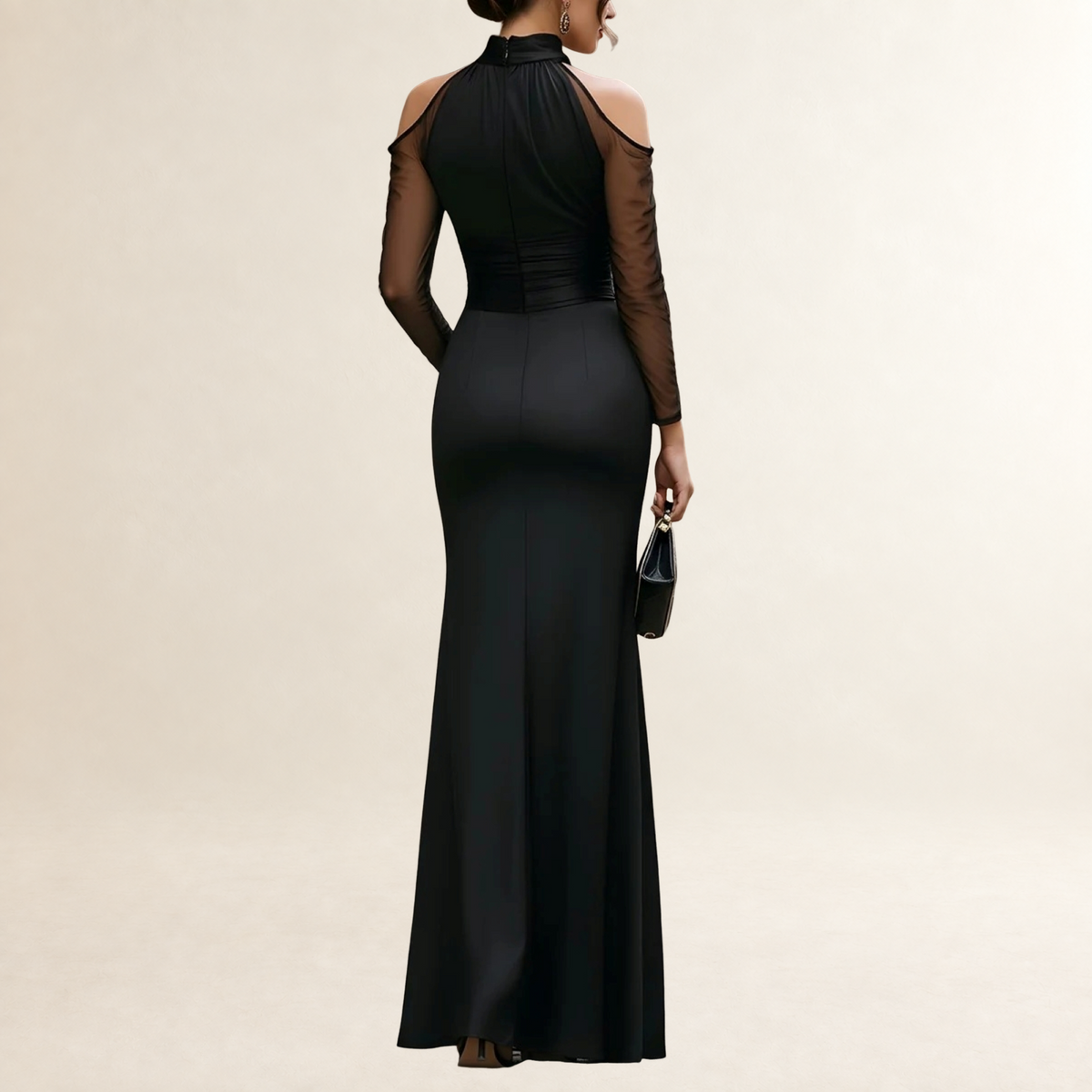 Damen Maxikleid mit Off-Shoulder Ausschnitt und hohem Hals, lange transparente Ärmel, figurbetonter Schnitt