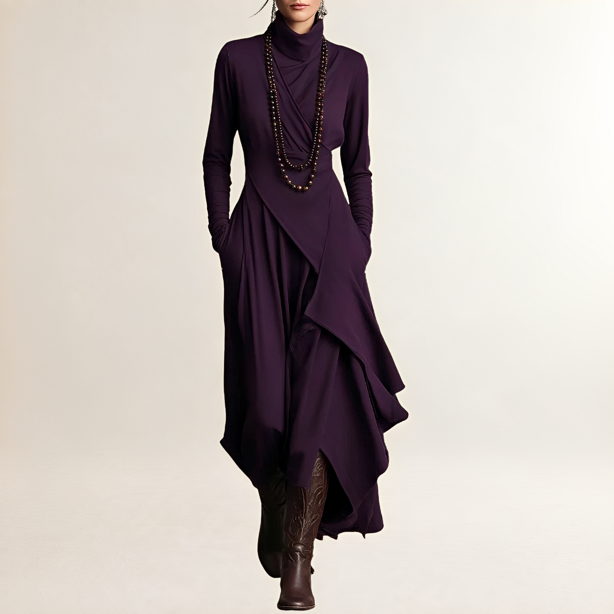 Damen Maxikleid mit Rollkragen - Drapiertes Wickel-Oberteil, Langarm, Asymmetrischer Kaskadensaum, Seitliche Taschen
