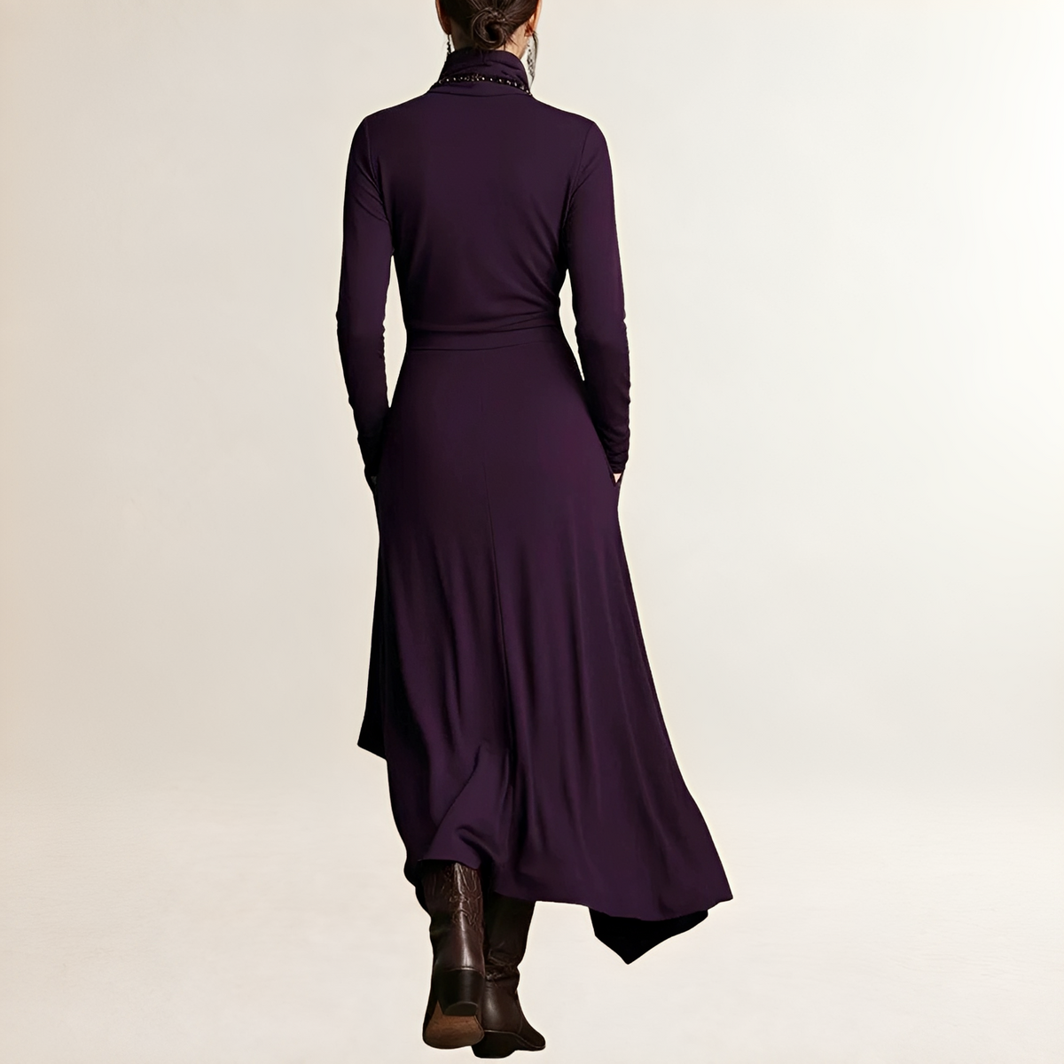 Damen Maxikleid mit Rollkragen - Drapiertes Wickel-Oberteil, Langarm, Asymmetrischer Kaskadensaum, Seitliche Taschen