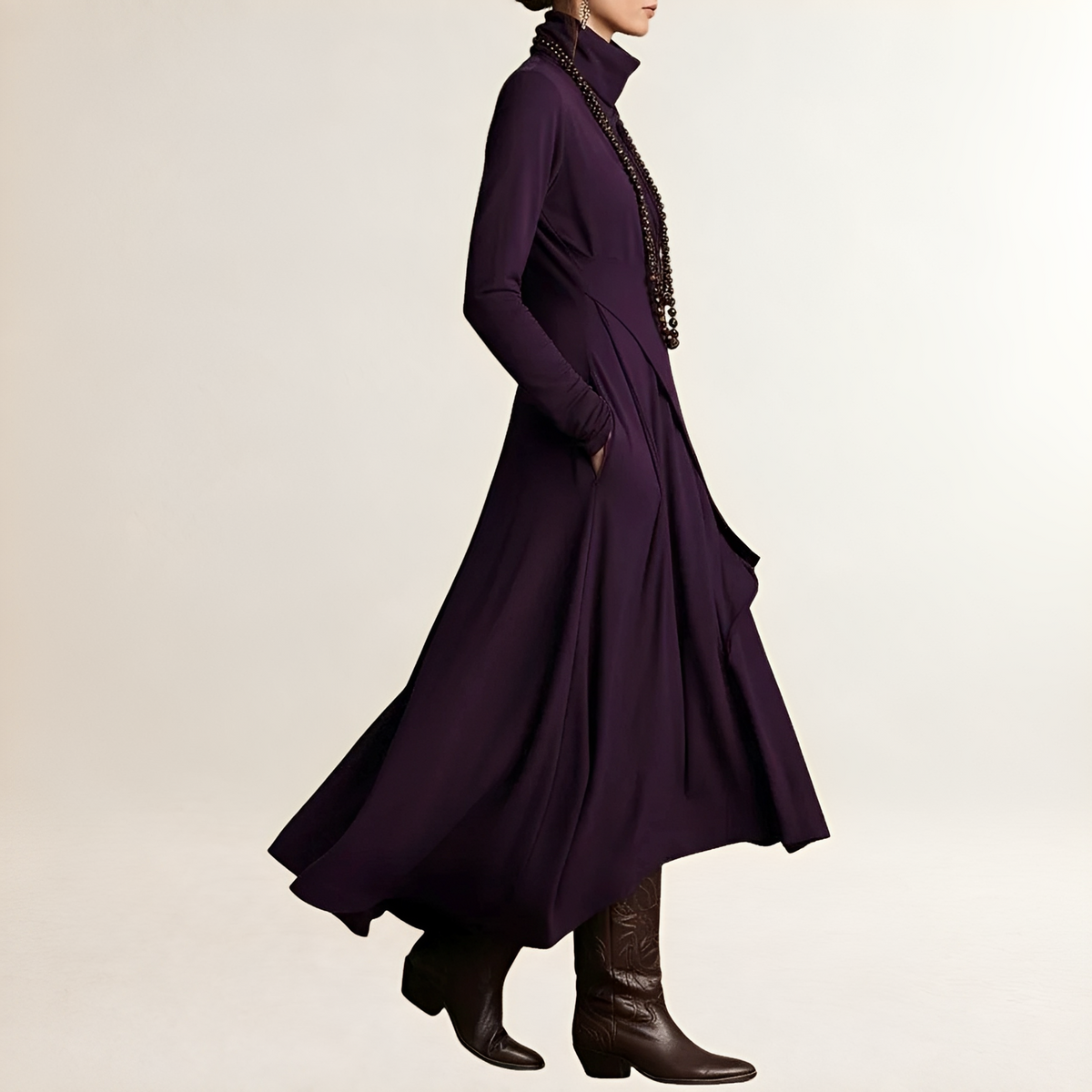 Damen Maxikleid mit Rollkragen - Drapiertes Wickel-Oberteil, Langarm, Asymmetrischer Kaskadensaum, Seitliche Taschen