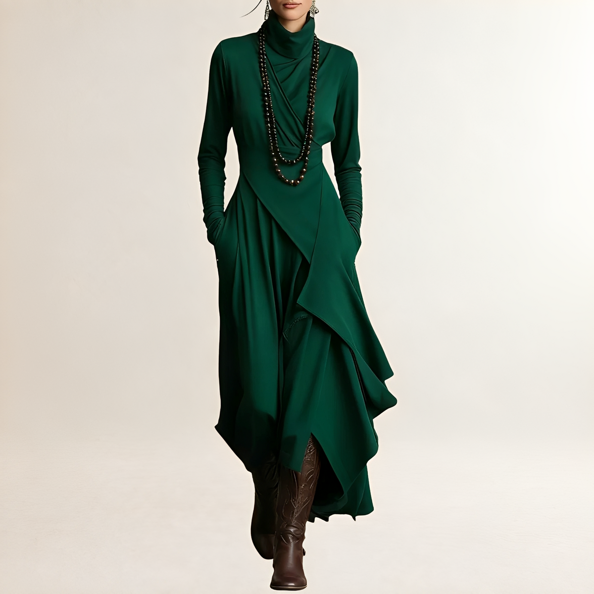 Damen Maxikleid mit Rollkragen - Drapiertes Wickel-Oberteil, Langarm, Asymmetrischer Kaskadensaum, Seitliche Taschen