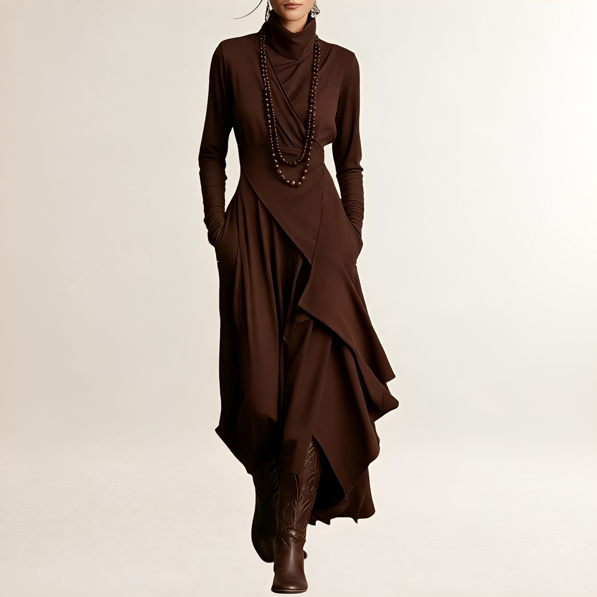 Damen Maxikleid mit Rollkragen - Drapiertes Wickel-Oberteil, Langarm, Asymmetrischer Kaskadensaum, Seitliche Taschen