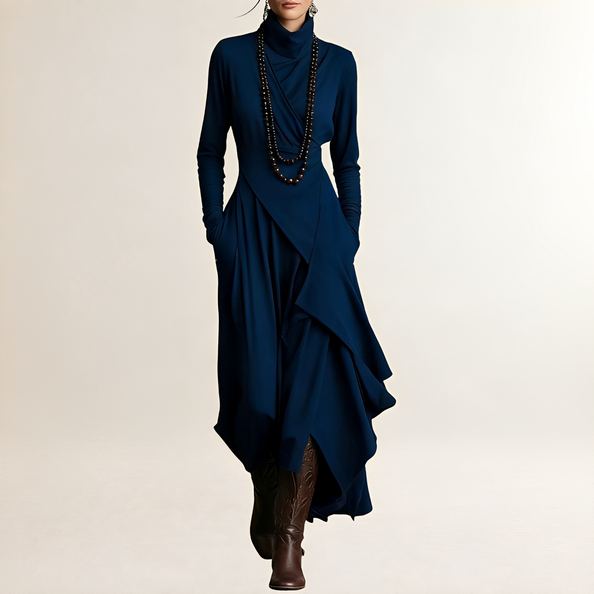 Damen Maxikleid mit Rollkragen - Drapiertes Wickel-Oberteil, Langarm, Asymmetrischer Kaskadensaum, Seitliche Taschen