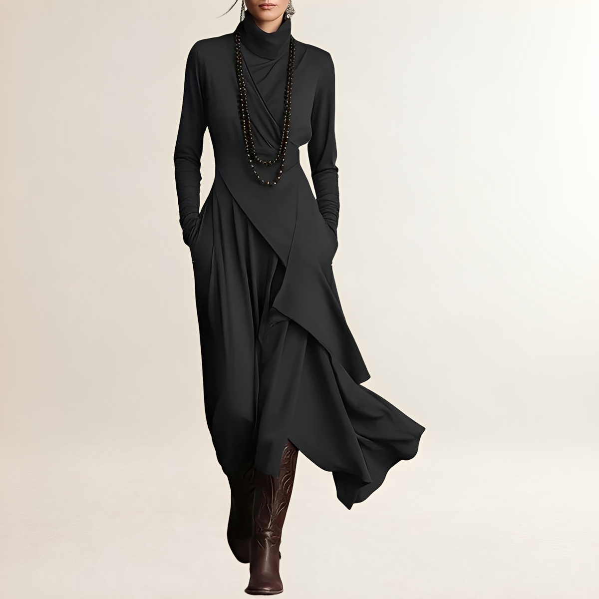 Damen Maxikleid mit Rollkragen - Drapiertes Wickel-Oberteil, Langarm, Asymmetrischer Kaskadensaum, Seitliche Taschen