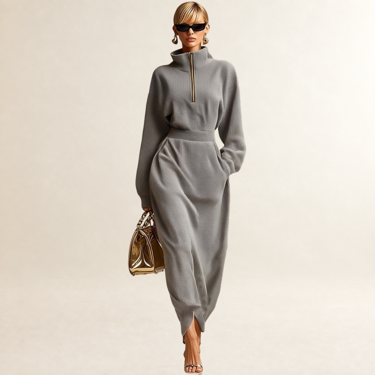 Damen Maxikleid mit Rollkragen, Frontreißverschluss, langärmlig, lockere Passform