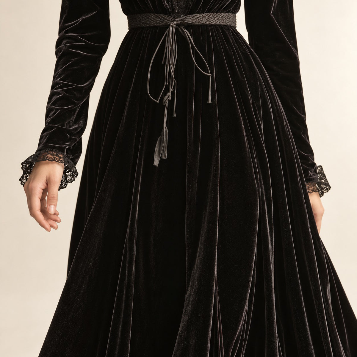 Damen Maxikleid V-Ausschnitt Spitzenpaneele Langarm Gurt Bodenlang