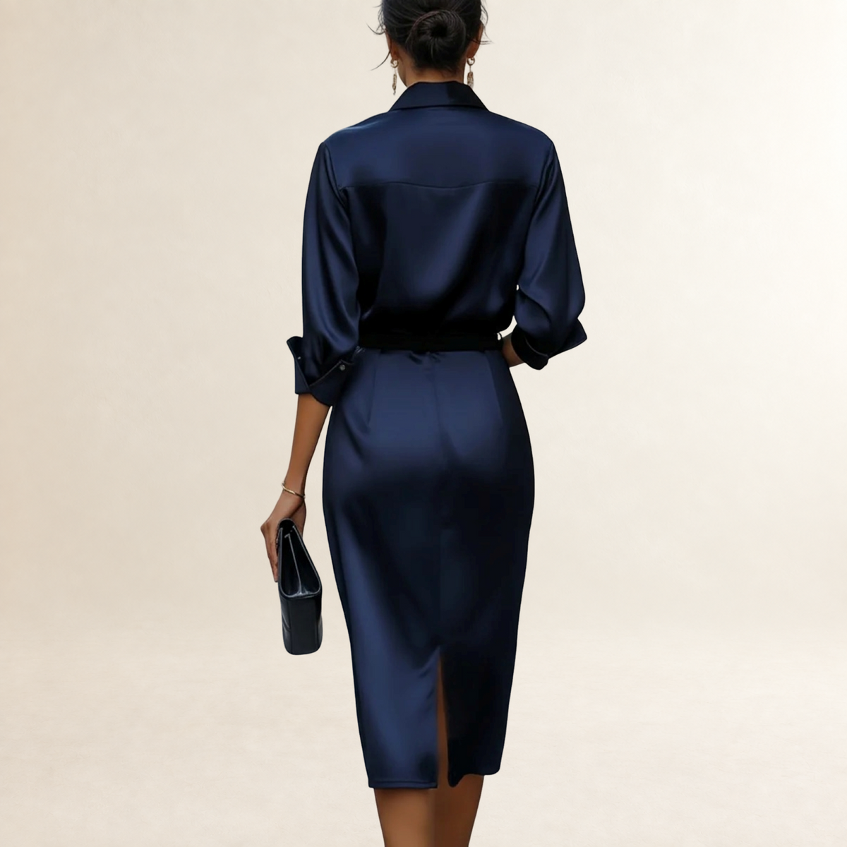 Damen Midikleid mit Drapierung am Kragen, Gürtel und tailliertem Schnitt