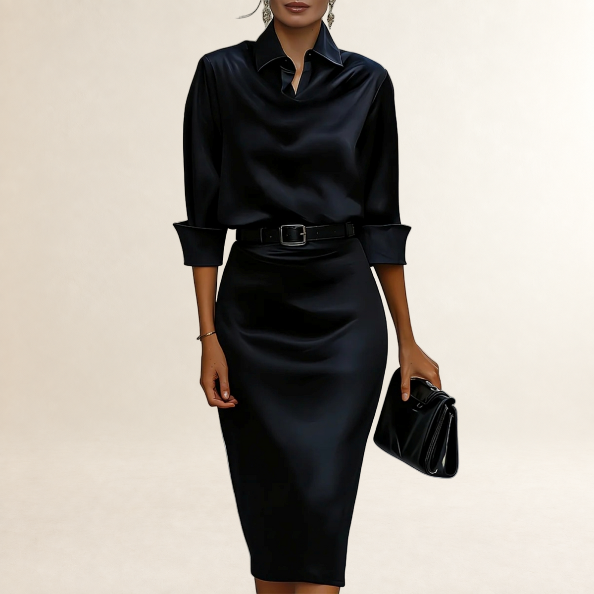 Damen Midikleid mit Drapierung am Kragen, Gürtel und tailliertem Schnitt