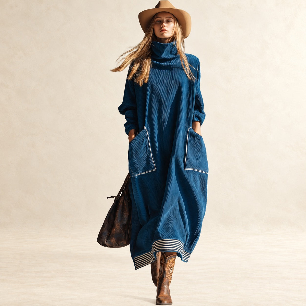 Damen Midikleid mit hohem Kragen, großen Taschen und lockerer Passform
