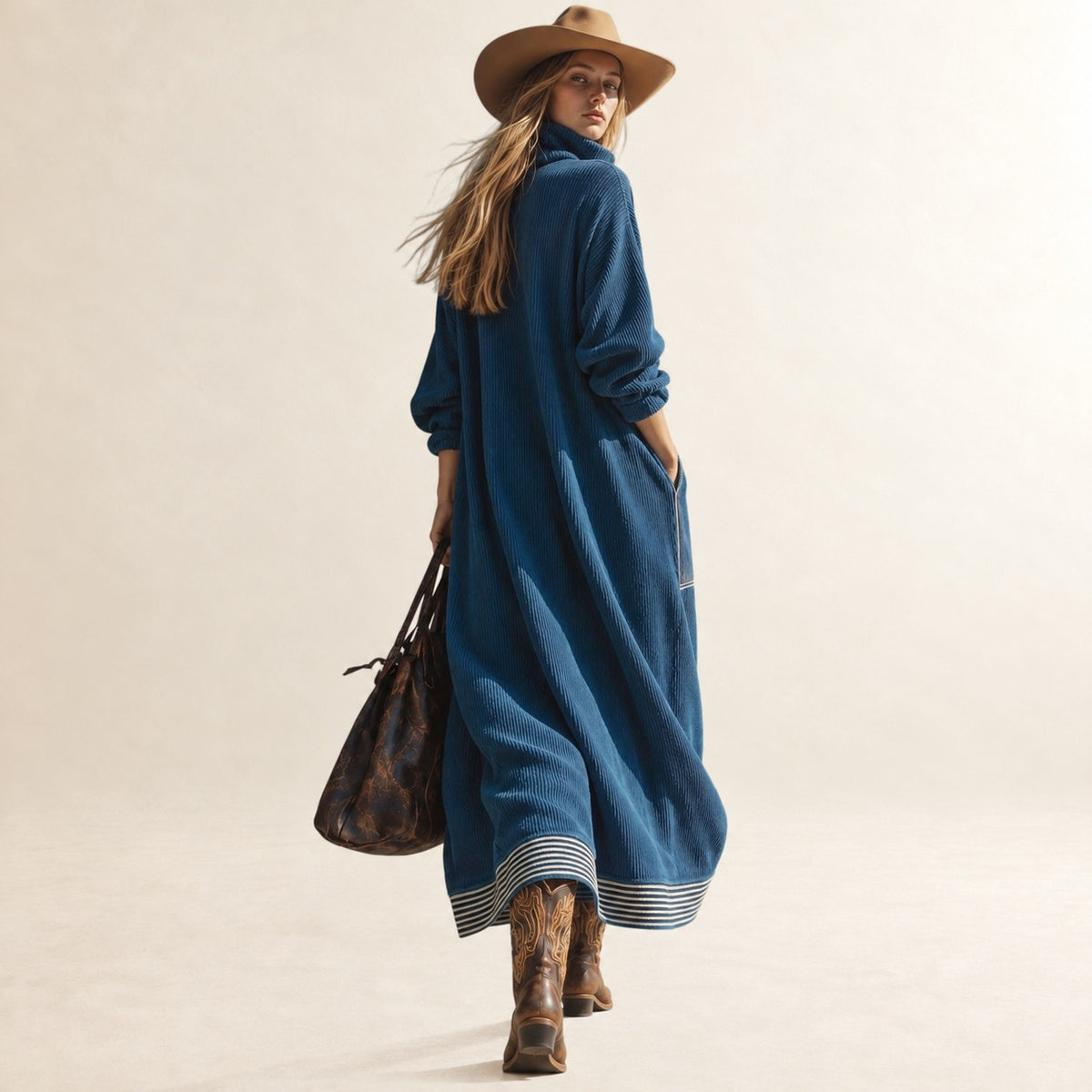 Damen Midikleid mit hohem Kragen, großen Taschen und lockerer Passform