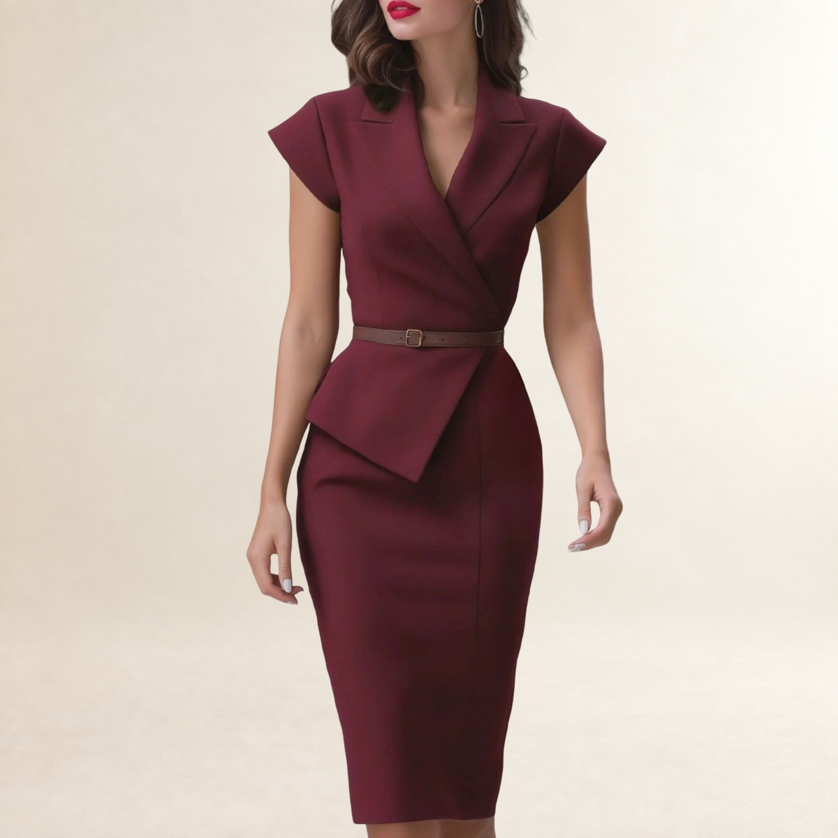 Damen Midikleid mit kurzen Ärmeln und Revers-Optik, taillierter Schnitt mit Gürtel