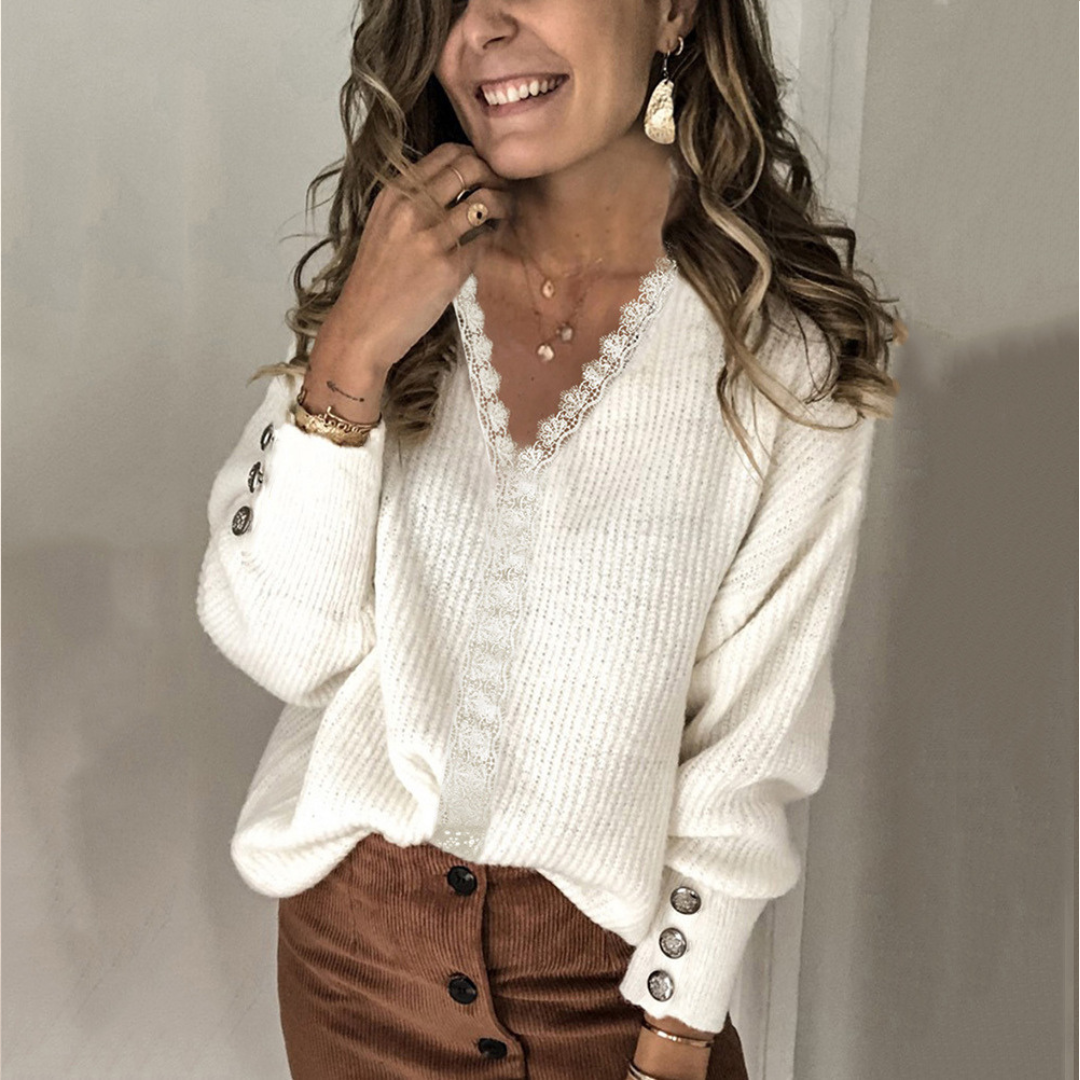 Damen Pullover mit V-Ausschnitt, Spitzen-Detail im Mittelteil, lange Ärmel, lockere Passform