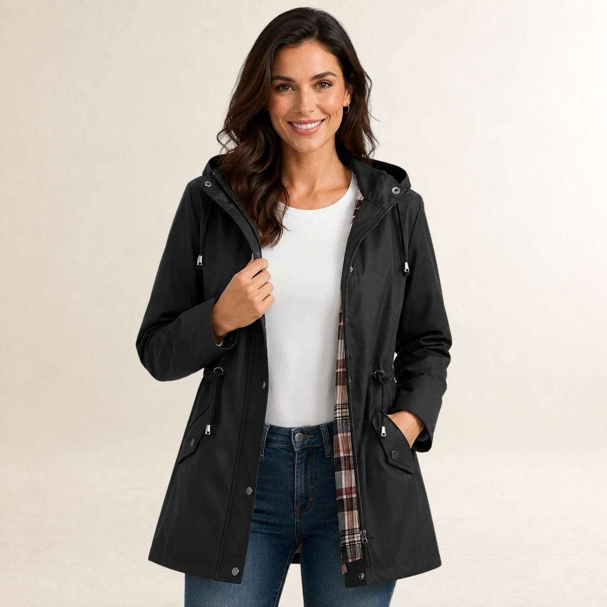 Damen Regenjacke mit Kapuze leichte Passform Reißverschluss mit Knopfleiste und Taillenzug