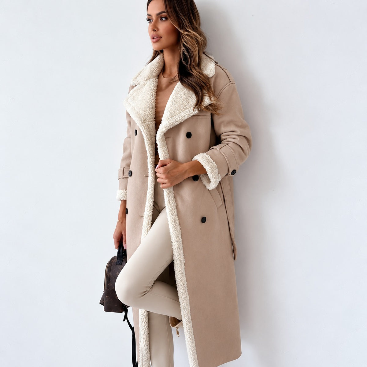 Damen Teddy Mantel Doppelknopf, Gürtel, Oversized Schnitt, Knielang