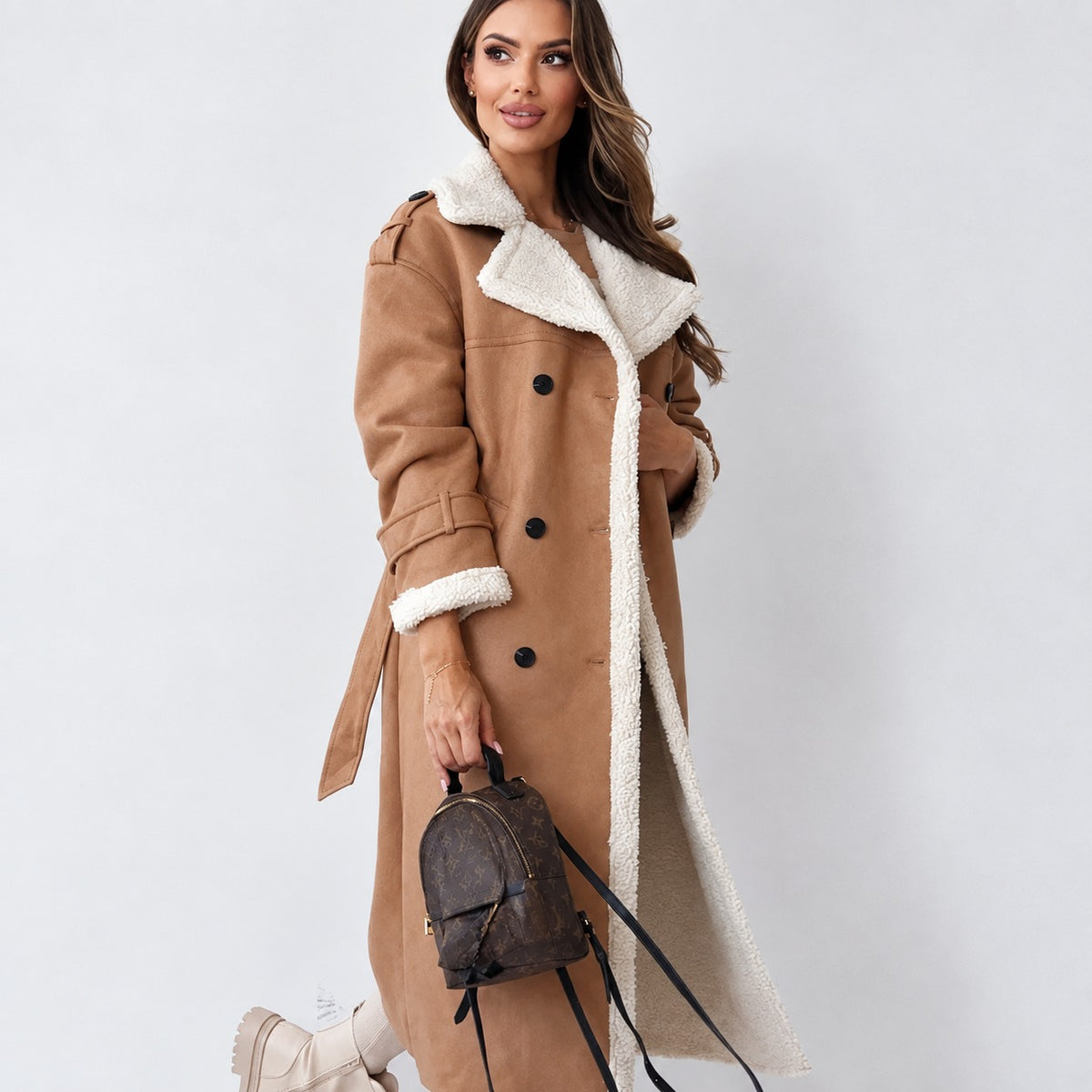 Damen Teddy Mantel Doppelknopf, Gürtel, Oversized Schnitt, Knielang