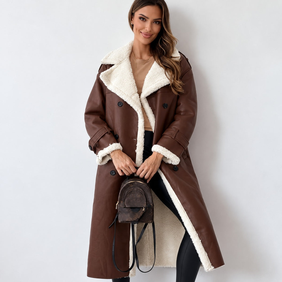 Damen Teddy Mantel Doppelknopf, Gürtel, Oversized Schnitt, Knielang