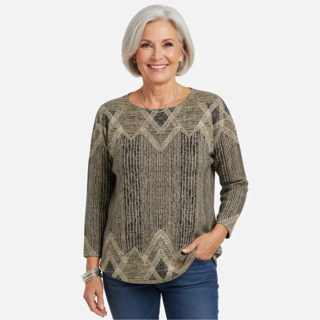 Damen-Tunika-Bluse, Rundhals, lange Ärmel, lockerer Schnitt, geometrisches Diamantmuster