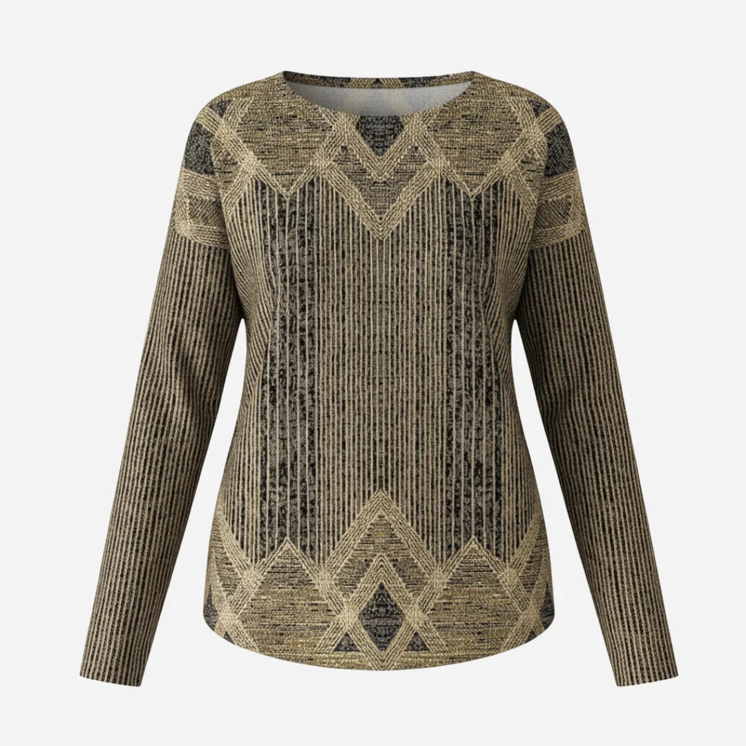 Damen-Tunika-Bluse, Rundhals, lange Ärmel, lockerer Schnitt, geometrisches Diamantmuster