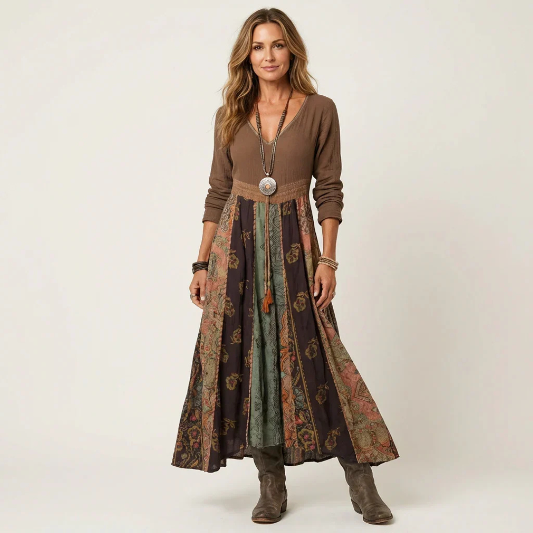 Damen V-Ausschnitt Langarm Midi-Kleid mit Patchwork-Panelrock – Empire-Taille, lockere Passform