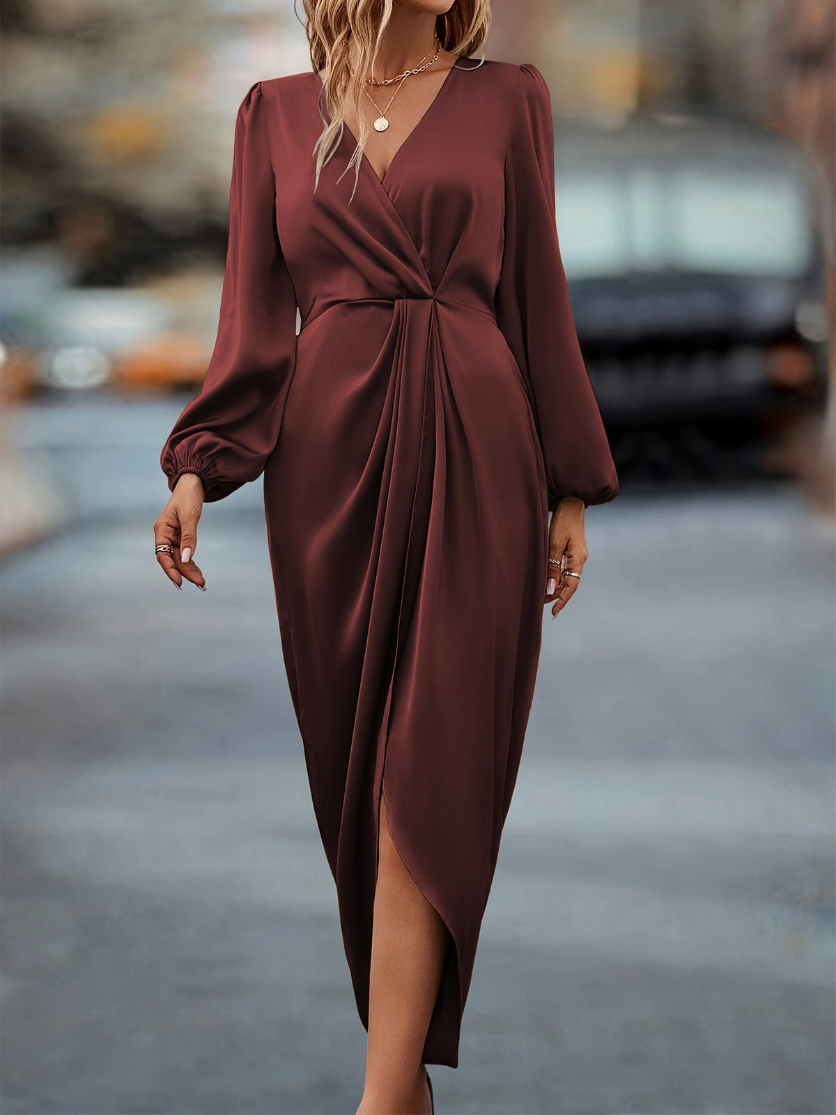Damen Wickelkleid Midi mit langen Ärmeln V-Ausschnitt Drapierung - elegante Passform
