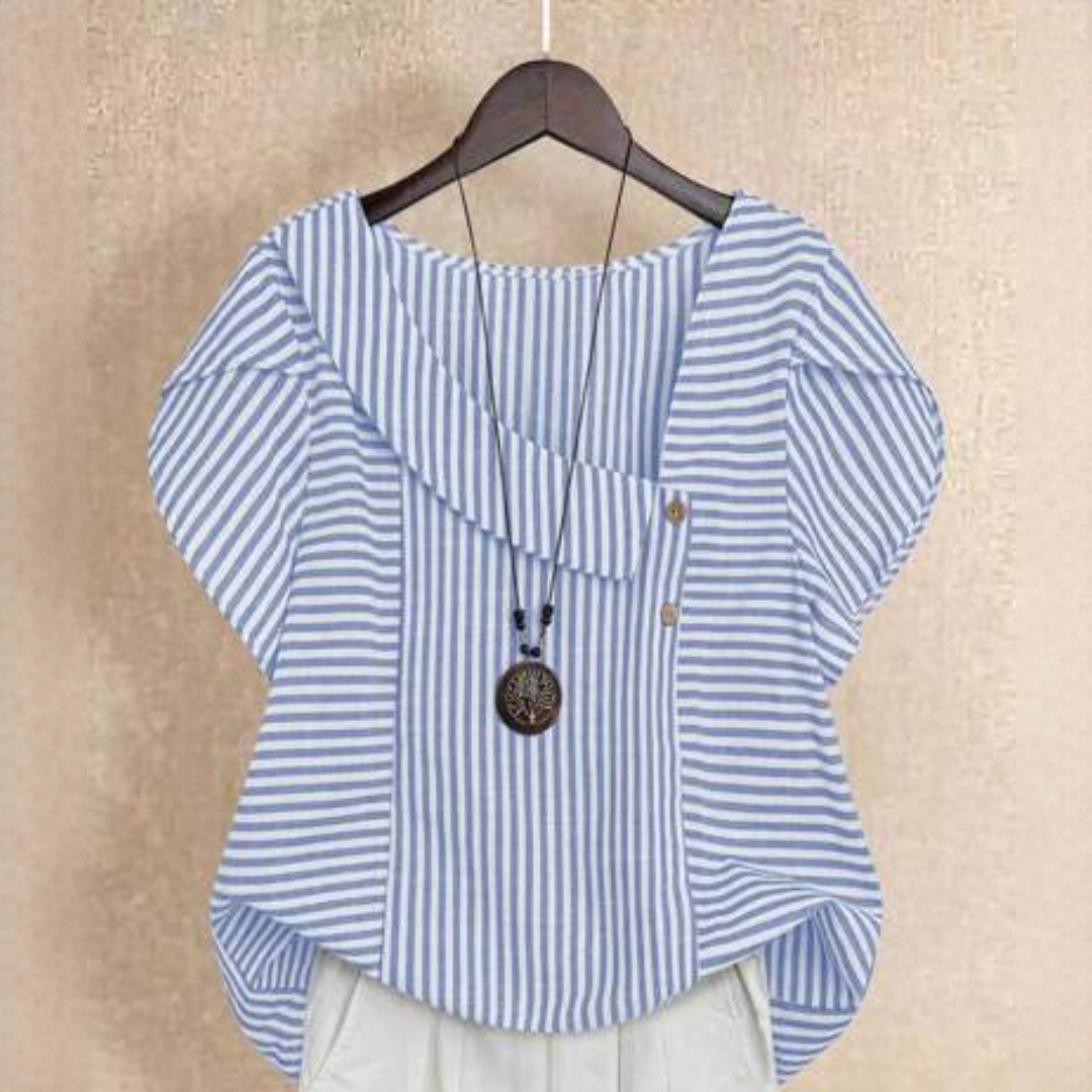 Damenbluse mit gestreiftem Muster, asymmetrischer Umschlagkragen, kurze Ärmel, Knopfleiste mit zwei Knöpfen, locker geschnitten
