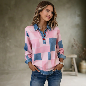 Damenbluse mit Kragen, großer Blockkaromuster, Teilknopfleiste, Relaxed Fit