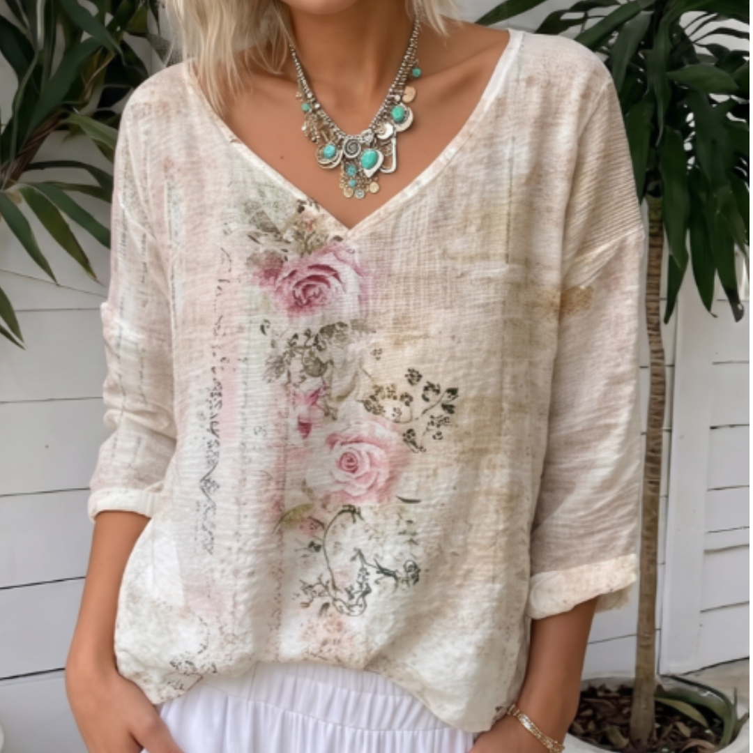 Damenbluse mit V-Ausschnitt, lange Ärmel, lockerer Schnitt, Vintage-Blumenprint
